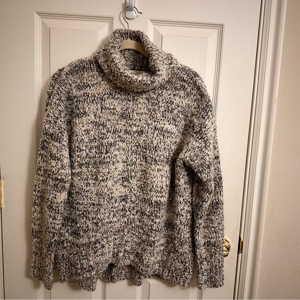 Lou & Grey LOFT Marled Turtleneck Sweater - Charcoal and Cream M